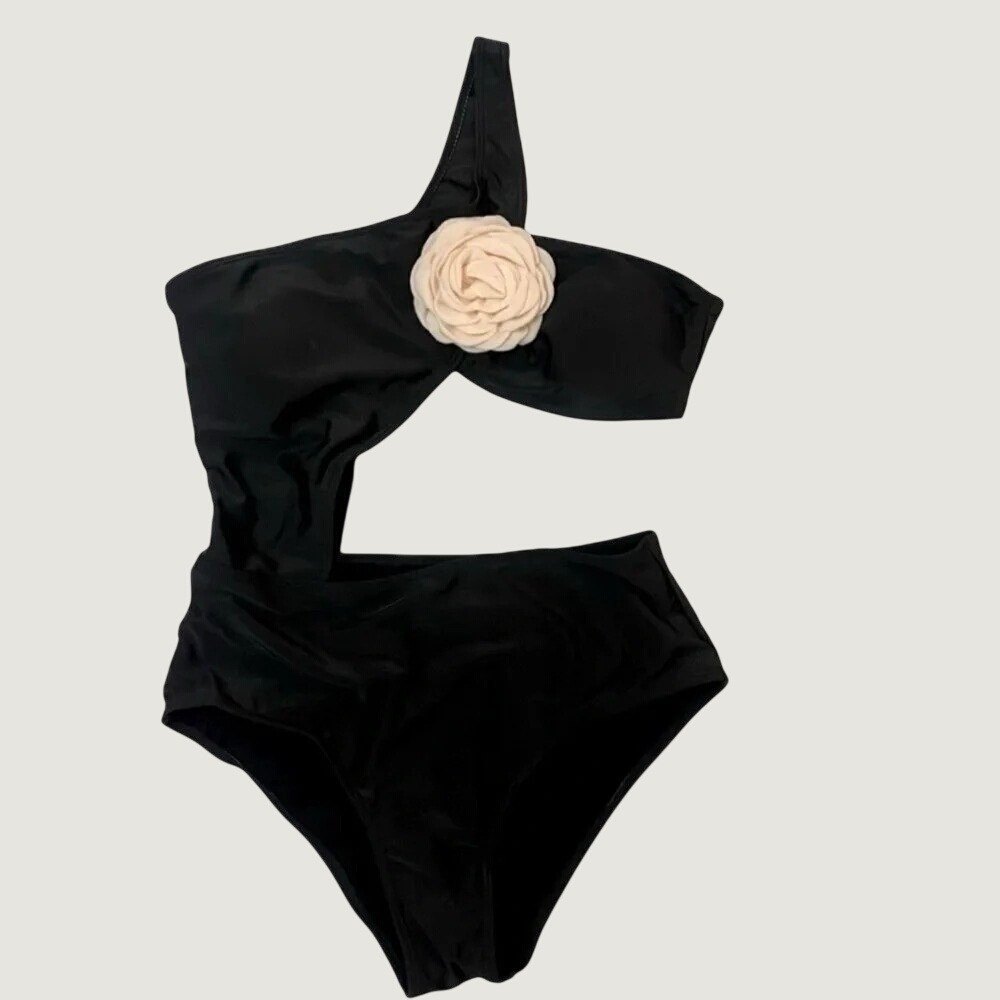 Cut Out One Shoulder One Piece Swimsuit Womens Medium Black Rose Detail NWOT